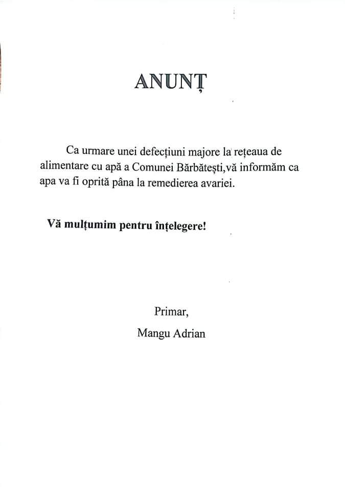 Se oprește apa la Bărbătești Se oprește apa la Bărbătești