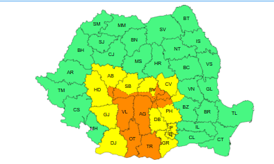 Atenționări de vreme rea în mai multe județe din România