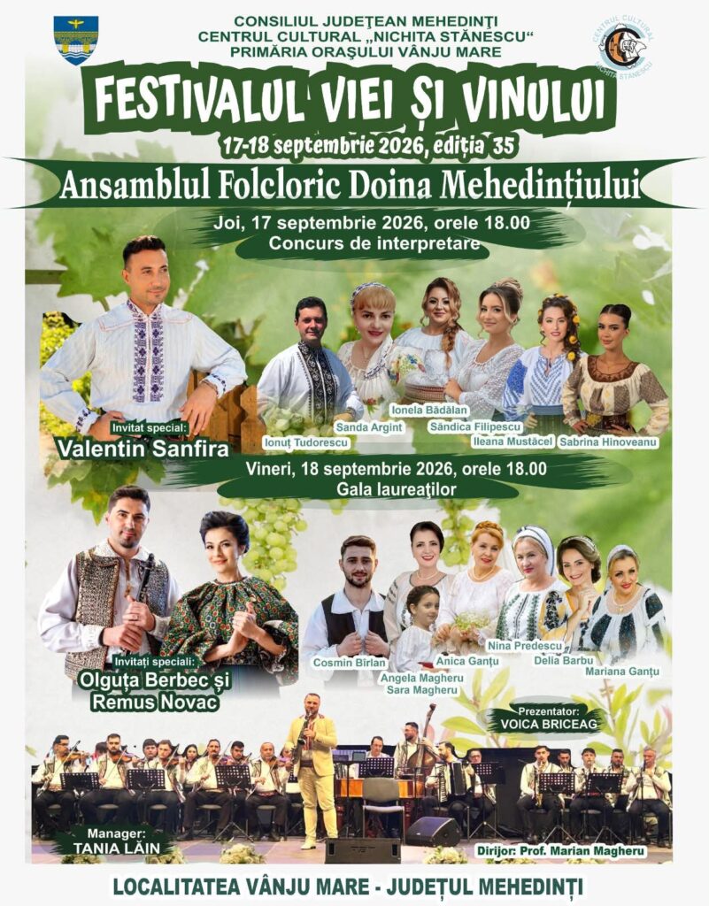 Festivalul Viei și Vinului revine la Vânju Mare. Două seri de folclor, cu artiști îndrăgiți și tineri interpreți
